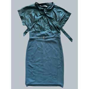 Love Moschino Size 6 Teal Belted Shirt Dress Short Sleeve Tie Front Women’s